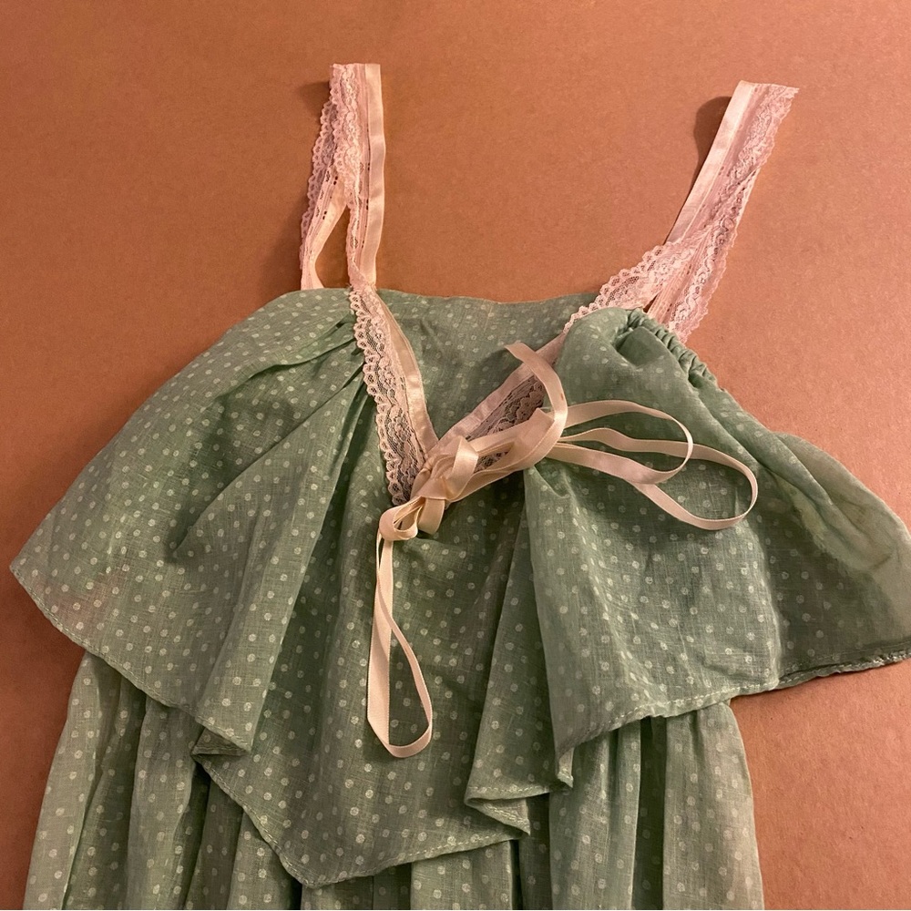 Vintage Wild Honey 70s semi sheer green polka ruffle cottagecore prairie dress - Picture 5 of 16